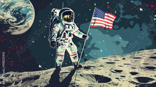 An astronaut planting the American flag on the moon, with the Earth visible in the background, capturing the excitement and achievement of space exploration.