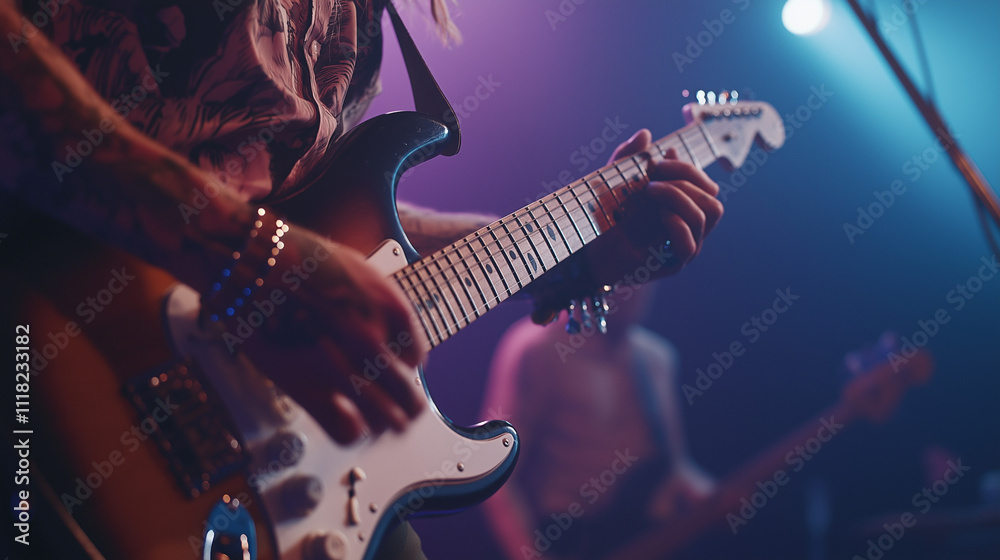 Obraz premium Electric Guitar Performance on Stage with Vibrant Concert Lighting