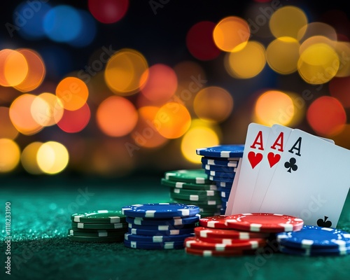 A vibrant poker scene featuring a winning hand of Aces and colorful chips on a green felt surface, with a blurred bokeh background.