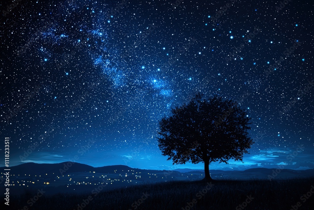 Majestic silhouette of a tree under starry night Majestic silhouette of a tree under starry night