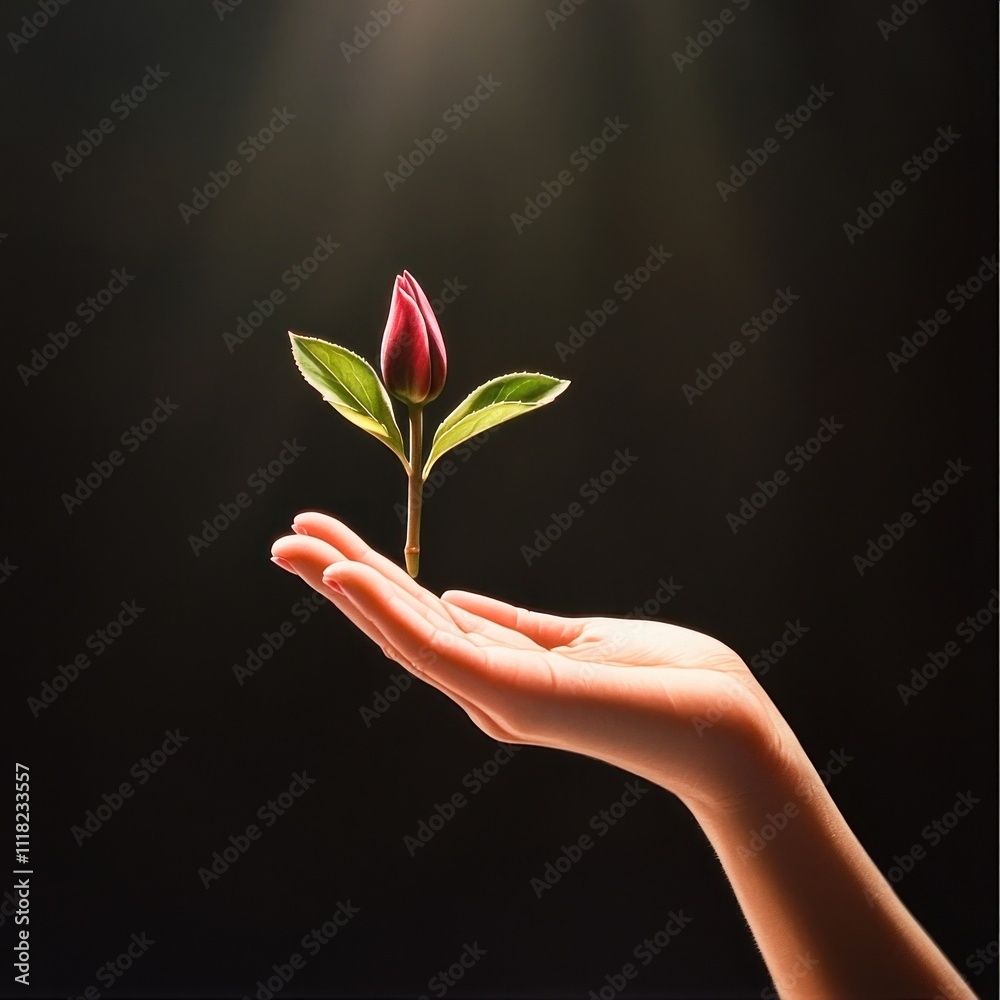 Moody lighting highlights levitating red flower bud