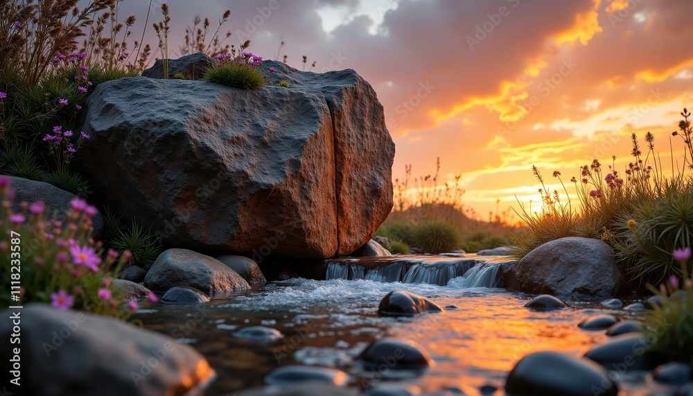 Obraz premium Scenic Sunset Over Stream with Rocky Landscape and Wildflowers