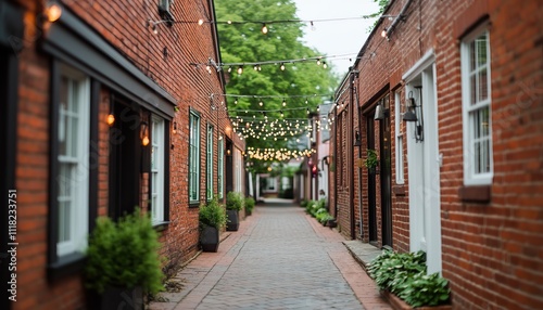 A charming, narrow alleyway lined with brick houses and adorned with string lights, creating a cozy atmosphere.