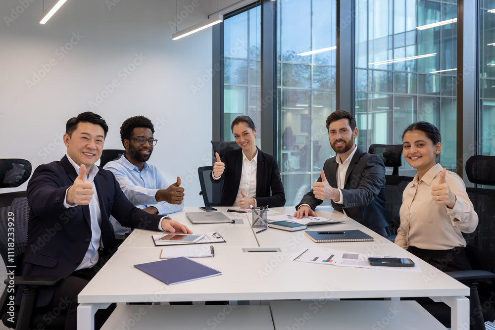 A diverse group of professionals sits around a conference table, giving thumbs up, symbolizing success and teamwork. The business setting includes papers and a phone on the table. A diverse group of professionals sits around a conference table, giving thumbs up, symbolizing success and teamwork. The business setting includes papers and a phone on the table.