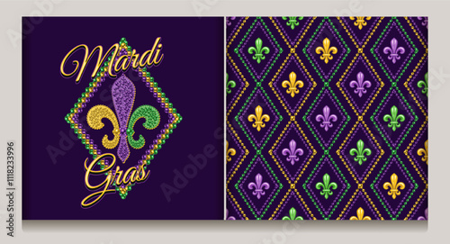 Geometric beaded pattern with fleur de lis symbol in center of grid cells. Diagonal diamond shaped rhombus grid, ornament. Label with text, fleur de Lis sign made of mosaic of beads. Vintage style