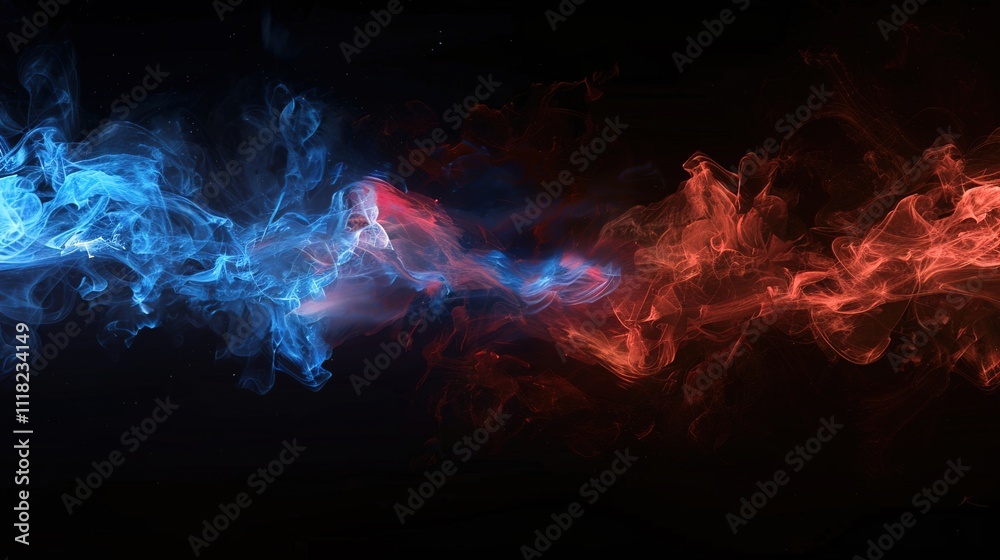 Abstract depiction of nebula smoke fire in red and blue light on black background symbolizing versus, competition, and dynamic fight Abstract depiction of nebula smoke fire in red and blue light on black background symbolizing versus, competition, and dynamic fight