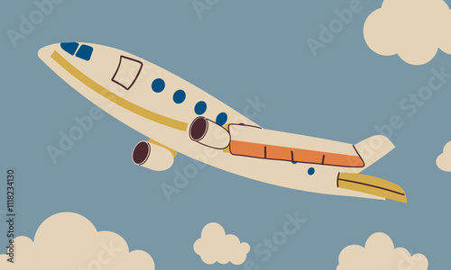 Cartoon cute doodle flat hand drawn illustration isolated airplane .Cartoon travel illustration, airplane on sky with cloudiness .