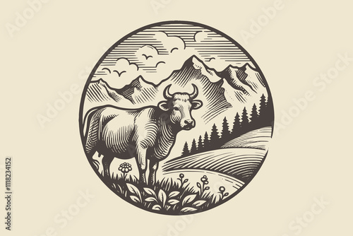 Vintage hand-drawn emblem of a cow on a pasture with farm and mountains