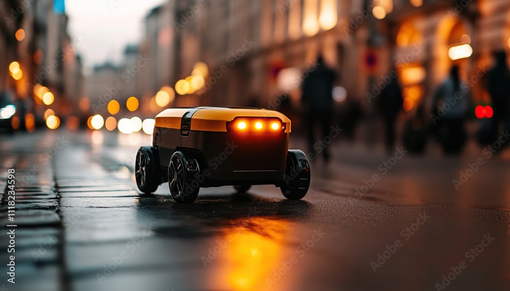 Fototapeta premium A small delivery robot moves along a city street at dusk, illuminated by its lights against a blurred backdrop of pedestrians and buildings.