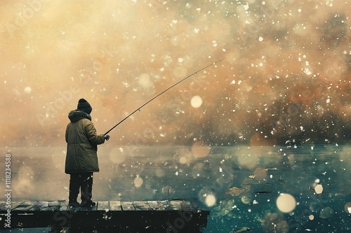 Solitary Fisherman on a Snowy Pier at Dusk, Casting His Line into a Reflective Lake, Surrounded by Glimmering Snowflakes and a Dreamy Atmosphere