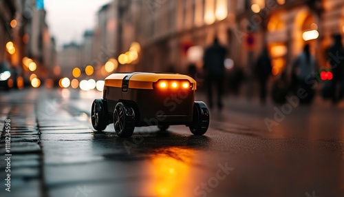 Wallpaper Mural A small delivery robot moves along a city street at dusk, illuminated by its lights against a blurred backdrop of pedestrians and buildings. Torontodigital.ca