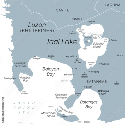 Taal Volcano filled by Taal Lake on the island of Luzon in the Philippines, political map. Large caldera of an active Volcano filled with freshwater, located in the Batangas province, south of Manila.