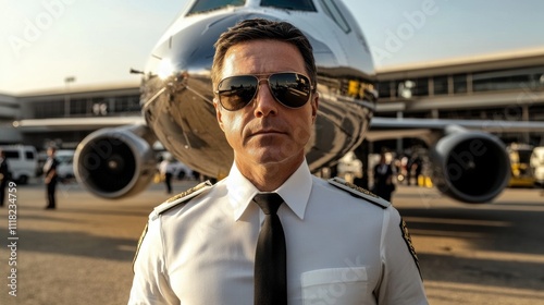 Aviation professional environment close-up of experienced pilot at airport hangar