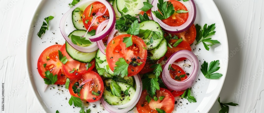 A fresh salad of tomatoes, cucumbers, and onions on a white plate, garnished with herbs, offers a vibrant, healthy meal option. A fresh salad of tomatoes, cucumbers, and onions on a white plate, garnished with herbs, offers a vibrant, healthy meal option.