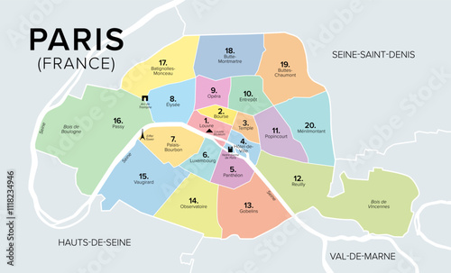 Arrondissements of Paris, capital of France, multi colored political map. Twenty municipal arrondissements of Paris spiral clockwise outwards, like a snail shell, starting from the middle of the city.
