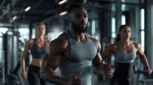 Dynamic gym scene with a fitness trainer in focus and supportive team members in the background.