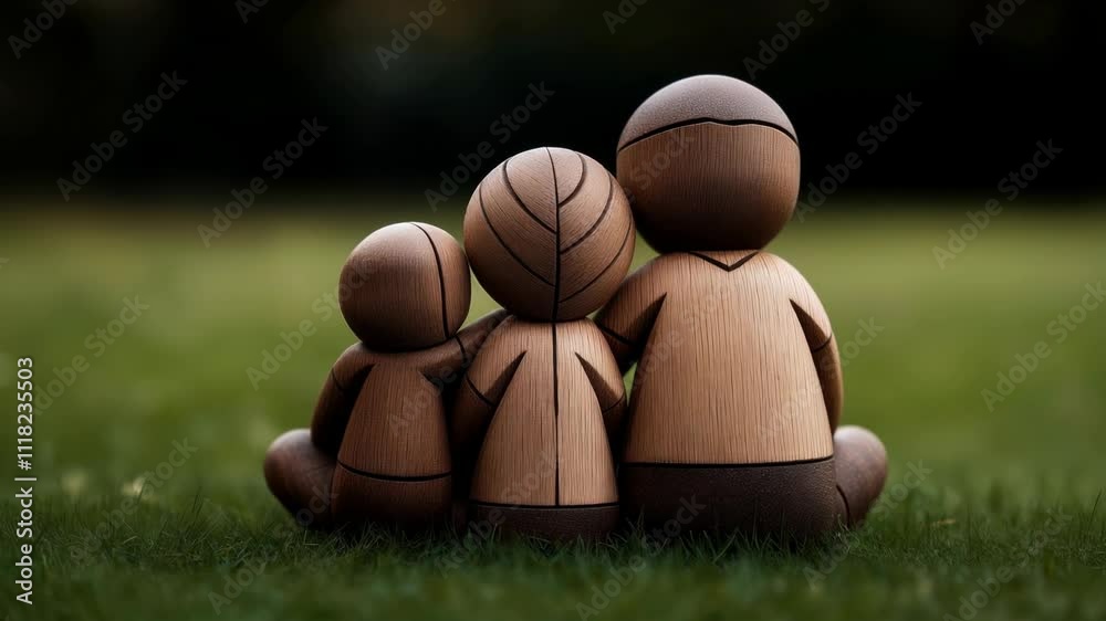 Three wooden figurines sitting on grass in an outdoor setting, viewed from the back, representing a family concept with a simplistic and minimalist design.