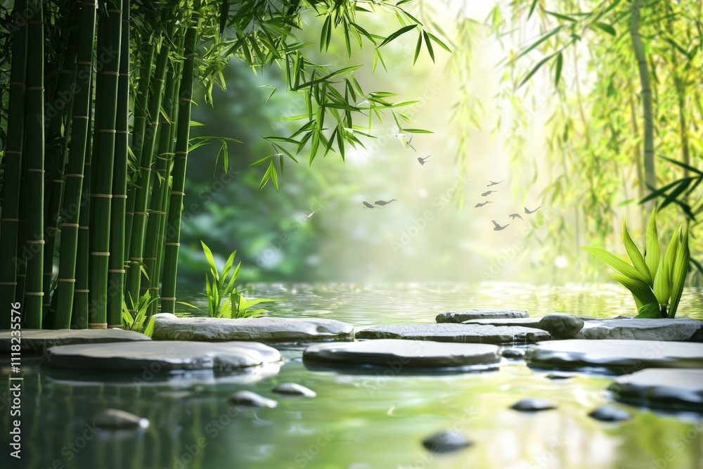 Tranquil bamboo grove with serene water reflections Tranquil bamboo grove with serene water reflections