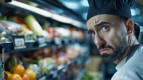 Distressed chef examining returned food products, conveying concern and responsibility in a professional kitchen setting.