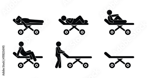 man on medical gurney, ambulance, set of icons, sticks stickman figure, isolated silhouettes of lying people, medic and patient
