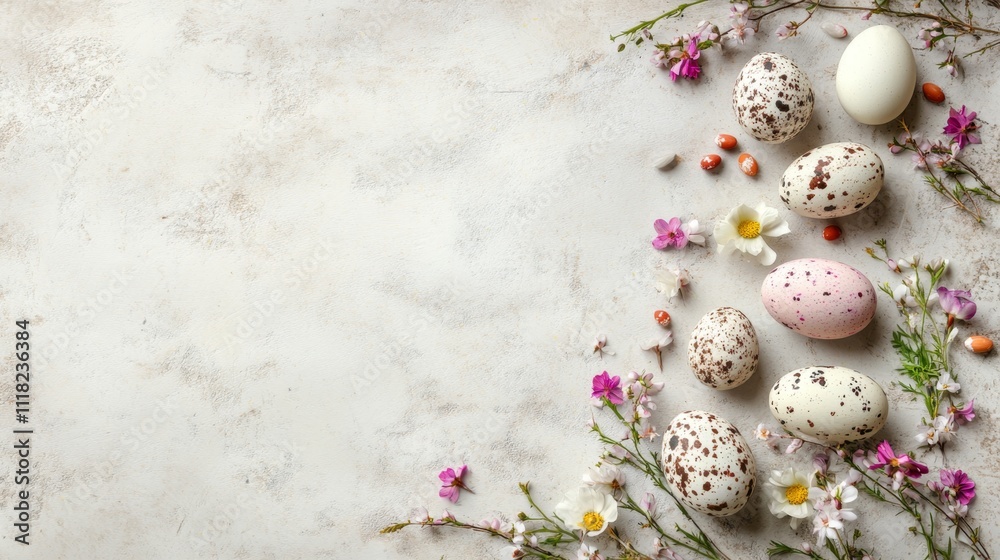 Easter background with Easter eggs and spring flowers. Top view with copy space Easter background with Easter eggs and spring flowers. Top view with copy space