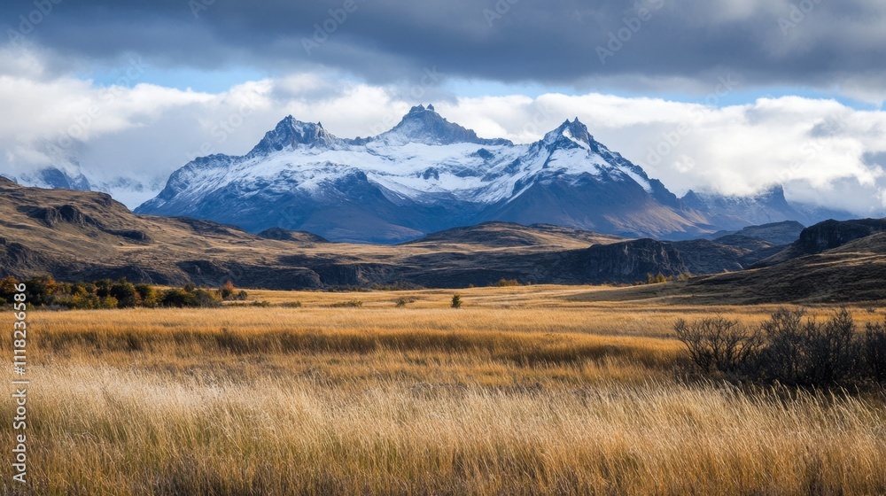 Majestic Mountain Range Over Golden Field Majestic Mountain Range Over Golden Field
