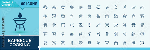 Barbecue Cooking icon set. Featuring knife, picnic, grilled, hot, propane, skewer, gas, sauce. Isolated icons design. Vector outline and solid icons collection.