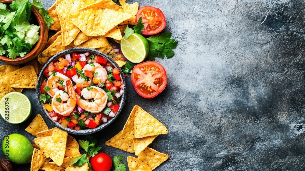 Elegant ceviche presentation with shrimp, tomato, and lime, accompanied by golden tortilla chips on gray. Elegant ceviche presentation with shrimp, tomato, and lime, accompanied by golden tortilla chips on gray.