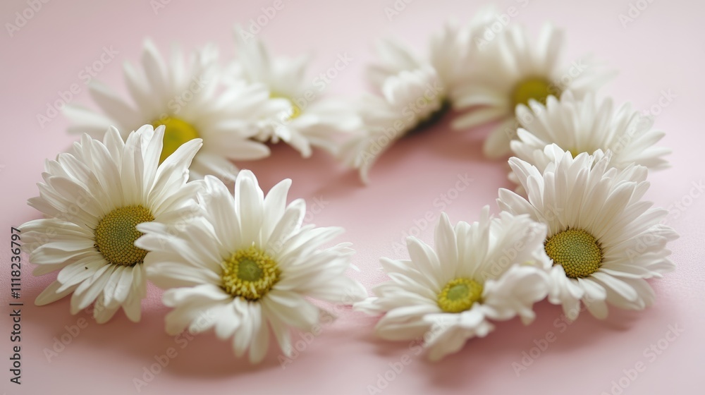 Fototapeta premium Daisy heart arrangement on pale pink background with soft focus