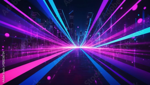 Neon Lights Highway With Futuristic Cityscape And Vibrant Pink And Blue Streaks Of Light At Night