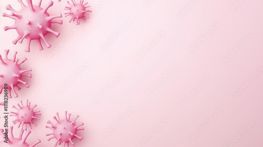 A cluster of pink virus-like structures on a soft pink background, symbolizing health, disease, or science. A cluster of pink virus-like structures on a soft pink background, symbolizing health, disease, or science.