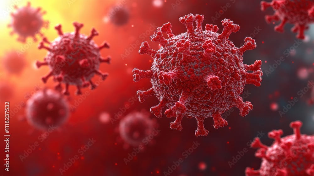 A close-up visualization of red virus particles on a blurred background, highlighting their intricate structure and potential impact on health. A close-up visualization of red virus particles on a blurred background, highlighting their intricate structure and potential impact on health.