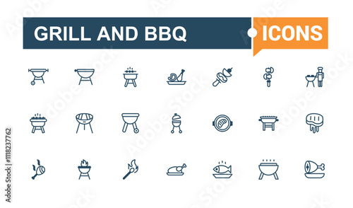Grill And Bbq icon pack. Includes icons for barbeque, ham, charcoal, steak, hen, burger and more. Minimal linear icons. Vector outline and solid icons collection.