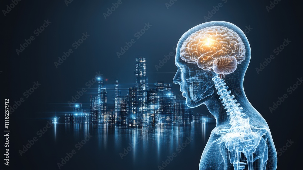 An illuminated human brain and spine silhouette against a futuristic cityscape, symbolizing the intersection of technology and human cognition. An illuminated human brain and spine silhouette against a futuristic cityscape, symbolizing the intersection of technology and human cognition.