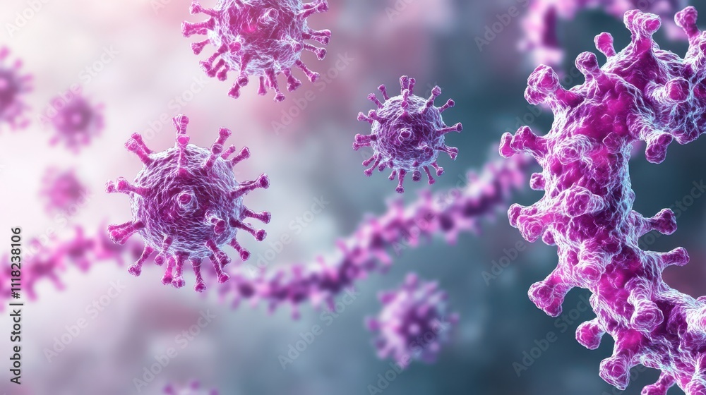 A microscopic view of pink viruses, showcasing intricate structures and connections, representing biological processes and disease transmission.