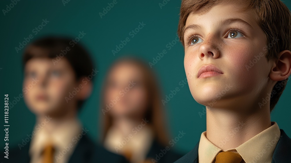 Obraz premium Young Student with Hopeful Expression in Classroom Setting Against Blurred Peers