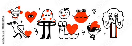 Vector valentine doodle logos design template set and graphic elements for advertising, branding, posters and banners. Funny cartoon illustration with smiling characters and mascots with hearts