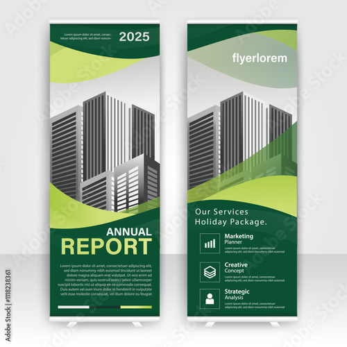Modern design of annual report display stands showcasing professional graphics in an office environment