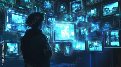 A person viewing a digital holographic gallery of their memories stored in the cloud, 