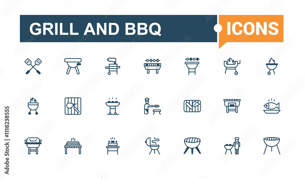 Grill And Bbq icon pack. Includes icons for barbeque, ham, charcoal, steak, hen, burger and more. Minimal linear icons. Vector outline and solid icons collection. Grill And Bbq icon pack. Includes icons for barbeque, ham, charcoal, steak, hen, burger and more. Minimal linear icons. Vector outline and solid icons collection.