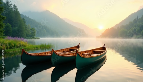 Tranquil lake at sunrise with three canoes on calm water