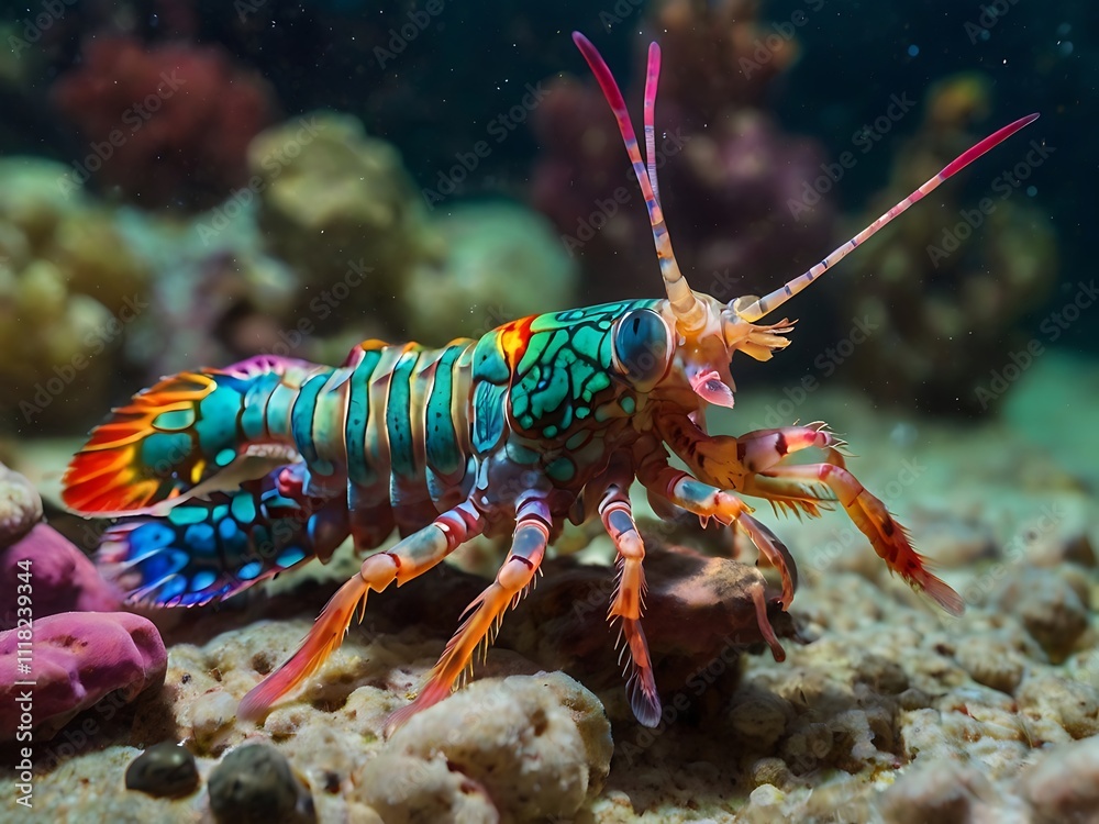 Vibrant Rainbow Mantis Shrimp In Coral Reef Habitat Vibrant Rainbow Mantis Shrimp In Coral Reef Habitat
