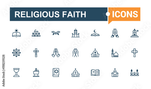 Religious Faith icon set. Featuring quran, islam, meditate, reflection, religion, rabbi, monk and more. Simple icon designs. Editable vector icon and illustration.