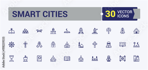 Religion icon set. Contains such icons as spirituality, grace, baptism, stroke, star and more. Simple web icons. Vector line and solid icons.