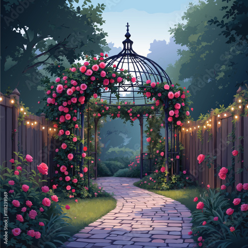 Rose-covered gazebo in a garden