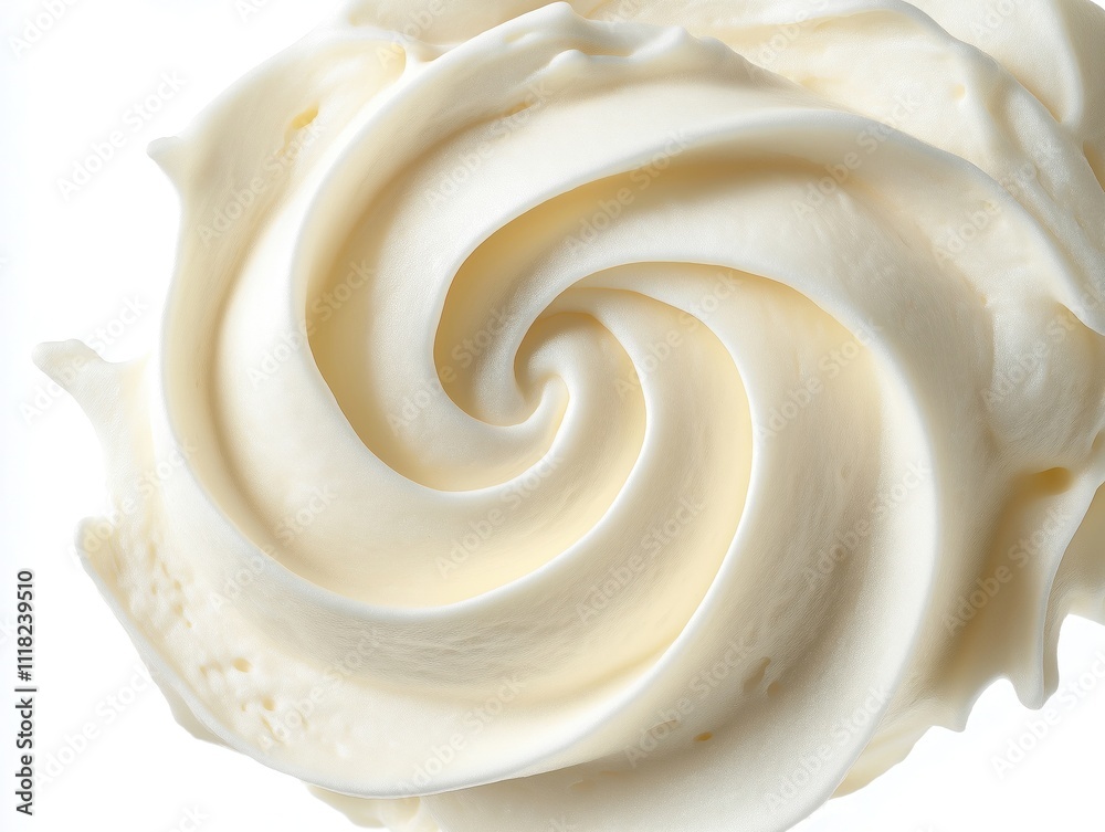 Whipped cream swirl closeup on white background. Detailed texture of creamy dessert. Artful swirl design. Freshly whipped dairy product. Whipped cream is perfect garnish for sweet treats. Whipped cream swirl closeup on white background. Detailed texture of creamy dessert. Artful swirl design. Freshly whipped dairy product. Whipped cream is perfect garnish for sweet treats.