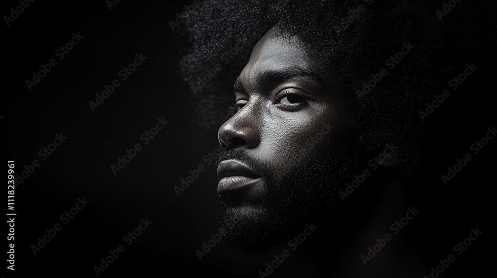 Close-up profile portrait of a dark-skinned man with an afro hairstyle, intense gaze, and a serious expression against a dark background. Close-up profile portrait of a dark-skinned man with an afro hairstyle, intense gaze, and a serious expression against a dark background.
