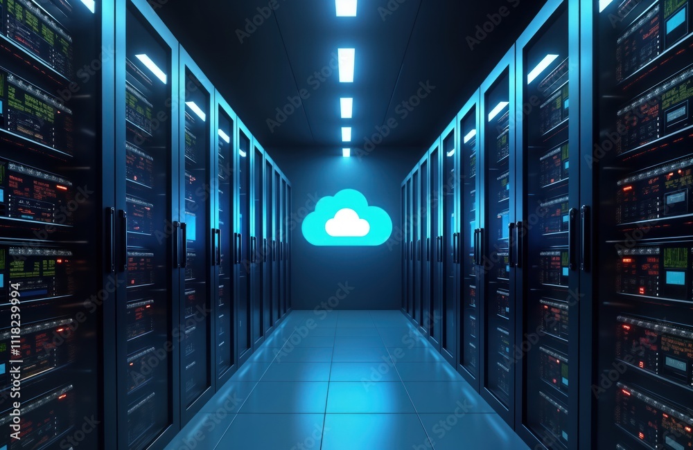 Modern data center with rows of server racks. High-tech equipment organized in spacious room. Central cloud icon lights up center of corridor. Scene displays cutting-edge tech, virtualization. Modern data center with rows of server racks. High-tech equipment organized in spacious room. Central cloud icon lights up center of corridor. Scene displays cutting-edge tech, virtualization.