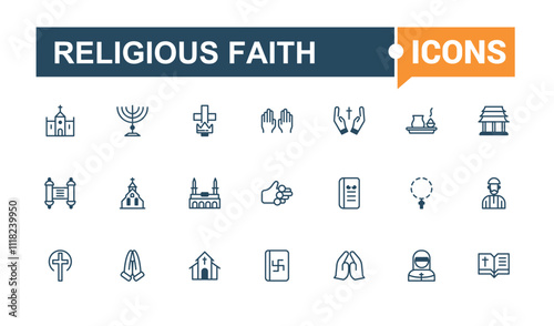 Religious Faith icon set. Featuring quran, islam, meditate, reflection, religion, rabbi, monk and more. Simple icon designs. Editable vector icon and illustration.
