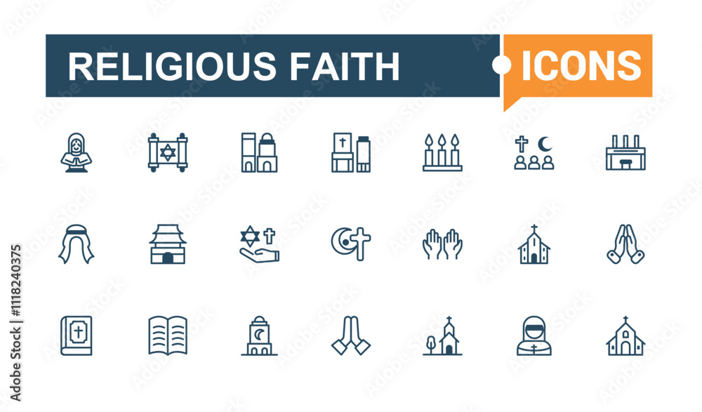 Religious Faith icon set. Featuring quran, islam, meditate, reflection, religion, rabbi, monk and more. Simple icon designs. Editable vector icon and illustration. Religious Faith icon set. Featuring quran, islam, meditate, reflection, religion, rabbi, monk and more. Simple icon designs. Editable vector icon and illustration.